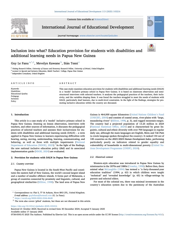Inclusion into what? Education provision for students with disabilities and additional learning needs in Papua New Guinea, International Journal of Educational Development
