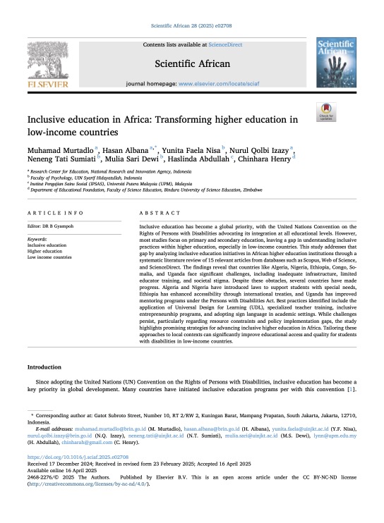 Inclusive education in Africa: Transforming higher education in low-income countries (Scientific African, Volume 28, June 2025)