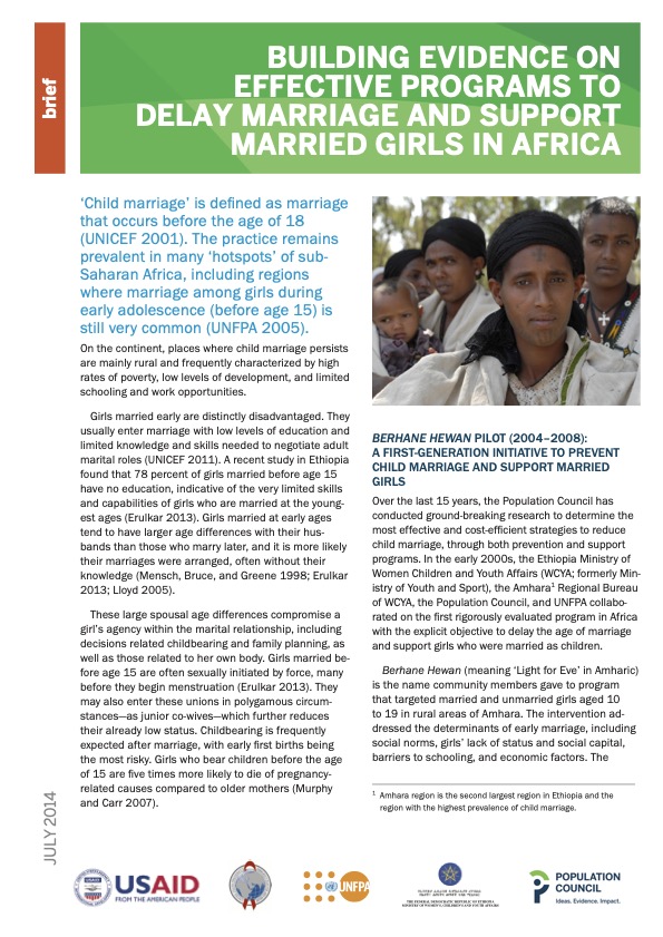 Building evidence on effective prohrams to delay marriage and support married girls in Africa 