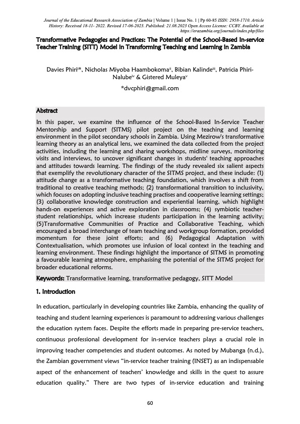 Transformative Pedagogies and Practices: The Potential of the School-Based In-Service Teacher Training (SITT) Model in Transforming Teaching and Learning in Zambia