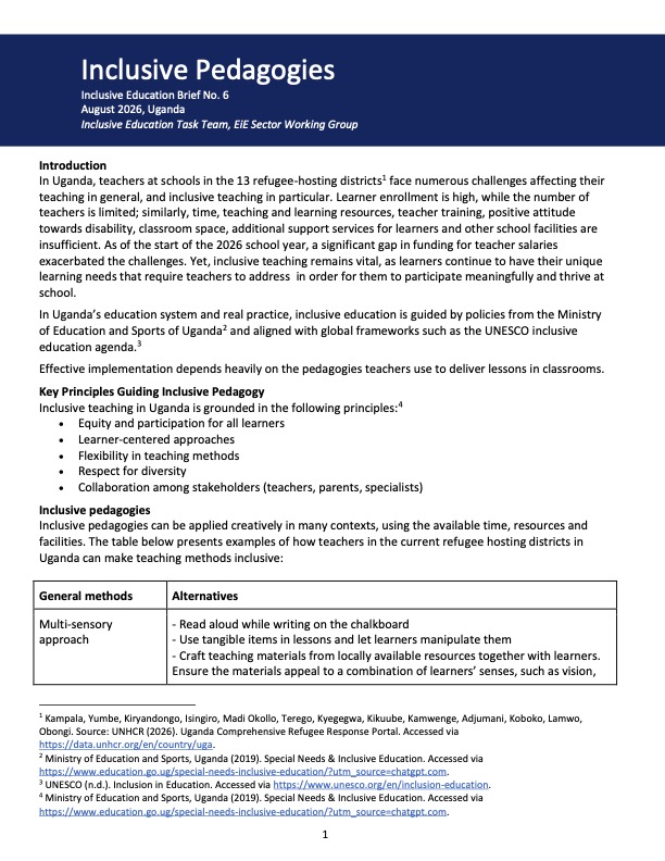 Inclusive Pedagogies: Inclusive Education Brief No. 6, Inclusive Education Brief No. 6, August 2026, Uganda