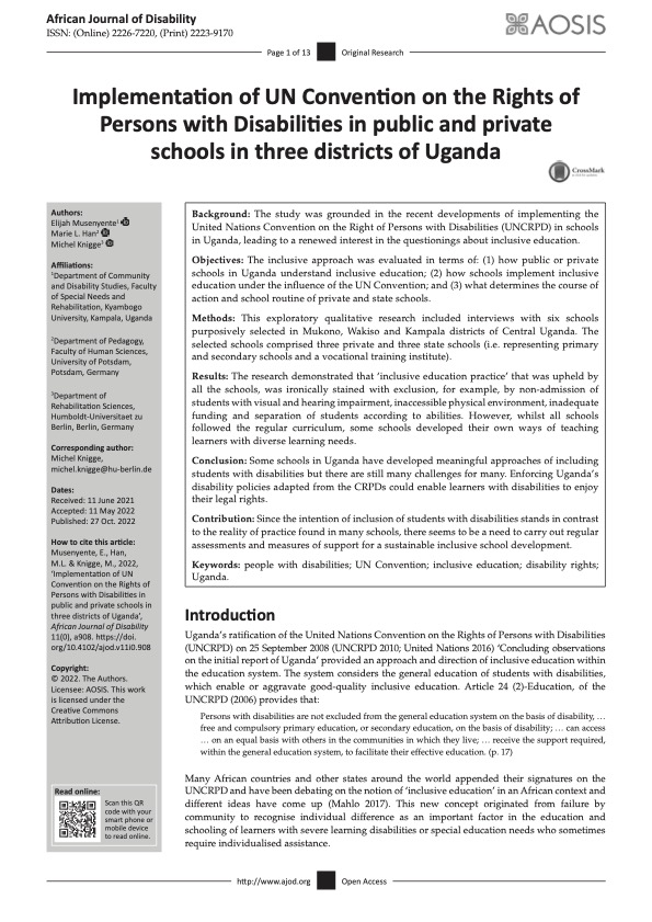 Implementation of UN Convention on the Rights of Persons with Disabilities in public and private schools in three districts of Uganda