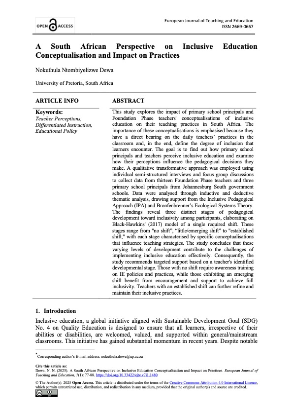 A South African Perspective on Inclusive Education Conceptualisation and Impact on Practices, European Journal of Teaching and Education, 7(1): 77-88, 2025 