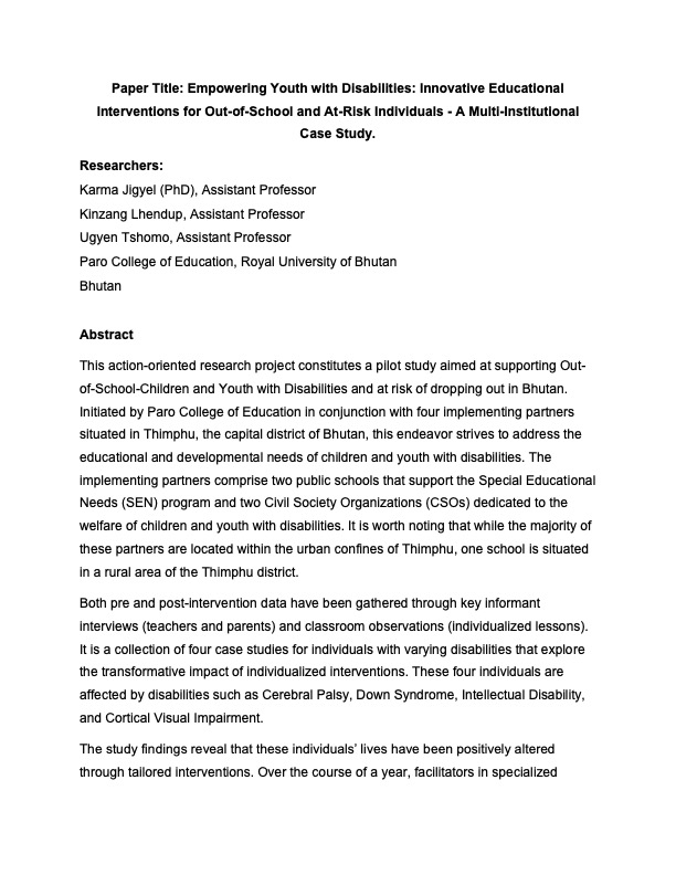 Empowering Youth with Disabilities: Innovative Educational Interventions for Out-of-School and At-Risk Individuals - A Multi-Institutional - Case Study.