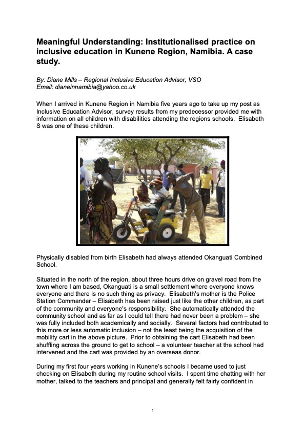 Meaningful Understanding: Institutionalised practice on inclusive education in Kunene Region, Namibia. A case study