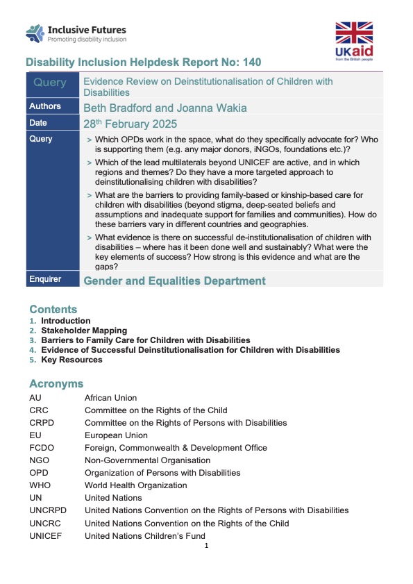 Disability Inclusion Helpdesk Report No: 140-Evidence Review on Deinstitutionalisation of Children with Disabilities
