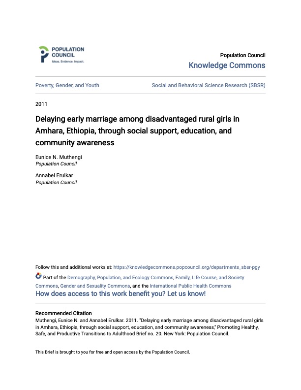 Delaying early marriage among disadvantaged rural girls in Amhara, Ethiopia, through social support, education, and community awareness