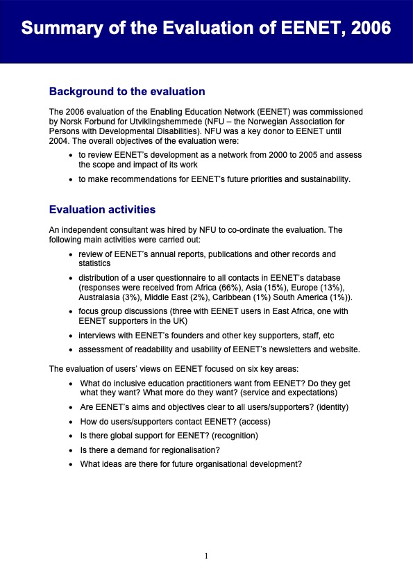 Summary of the Evaluation of EENET, 2006
