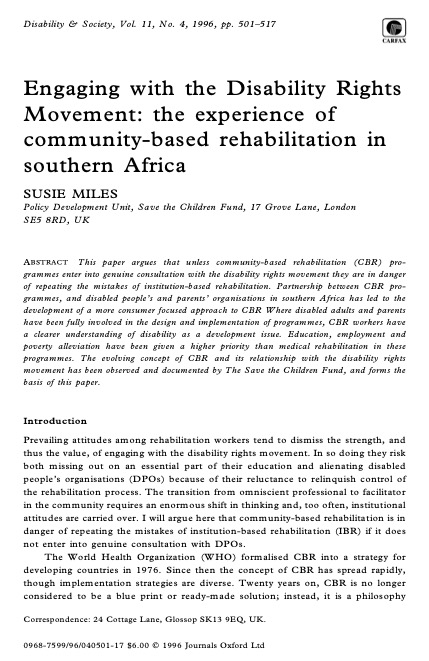 Engaging with the Disability Rights Movement: the experience of community-based rehabilitation in southern Africa