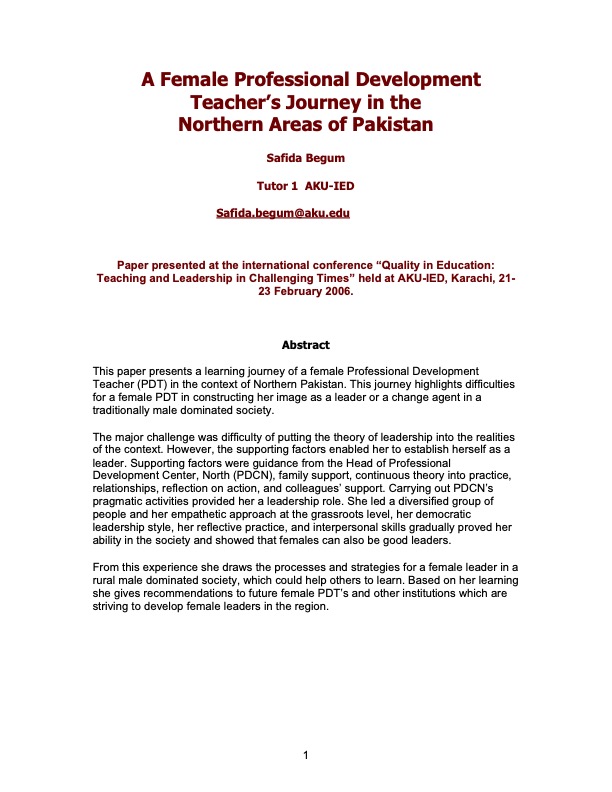 A Female Professional Development  Teacher's Journey in the   Northern Areas of Pakistan