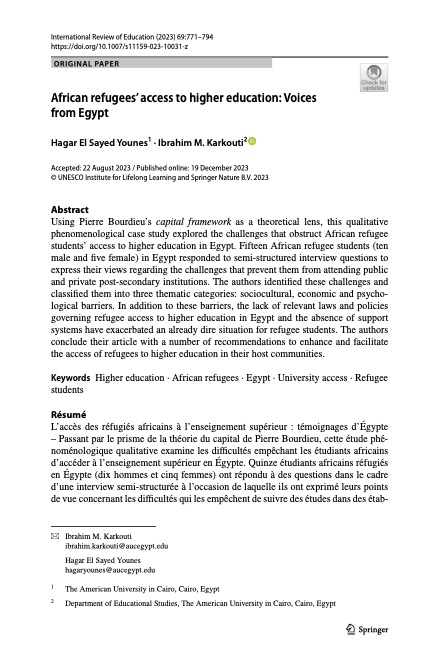 African refugees’ access to higher education: Voices from Egypt, International Review of Education, vol 69