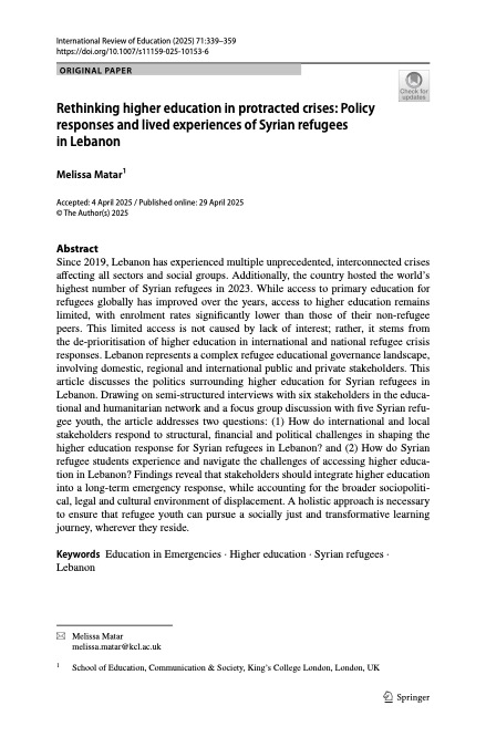 Rethinking higher education in protracted crises: Policy responses and lived experiences of Syrian refugees in Lebanon, International Review of Education, vol 71