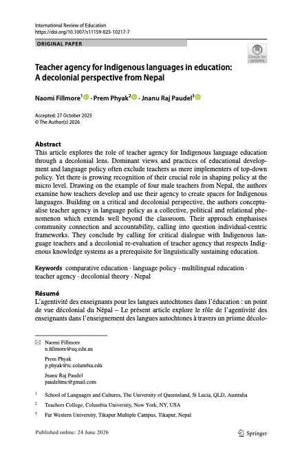 Teacher agency for Indigenous languages in education: A decolonial perspective from Nepal, International Review of Education, vol 72
