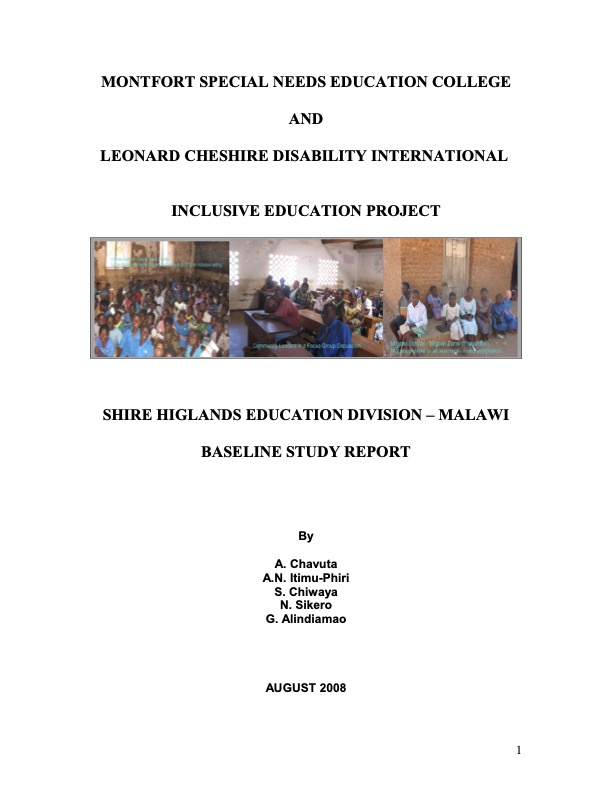 Inclusive Education Project Baseline Study Report: Shire Highlands Education Division, Malawi