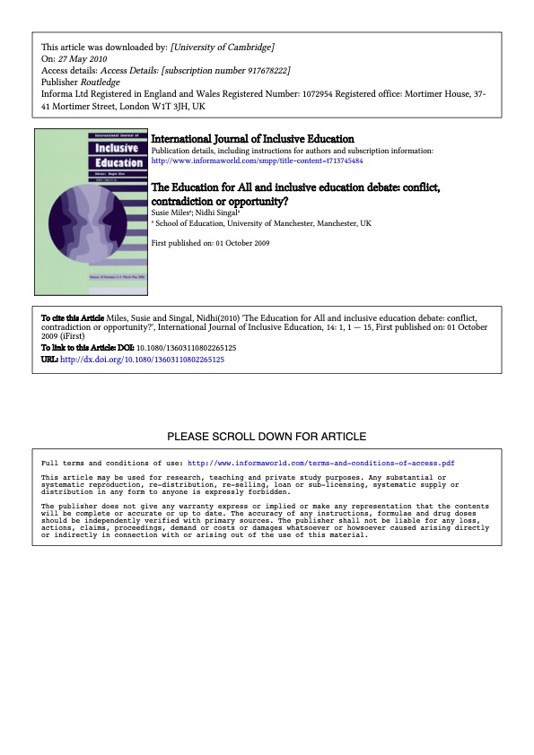 The Education for All and inclusive education debate: conflict, contradiction or opportunity?