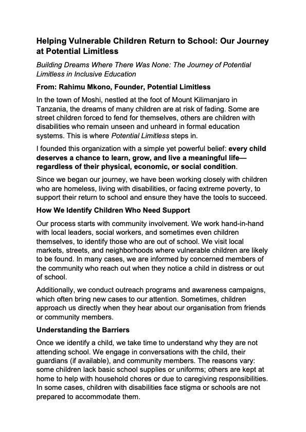 Helping Vulnerable Children Return to School: Our Journey at Potential Limitless