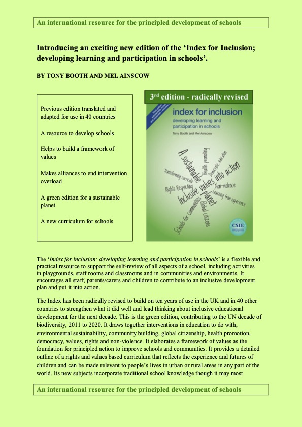 Index for Inclusion; developing learning and participation in schools