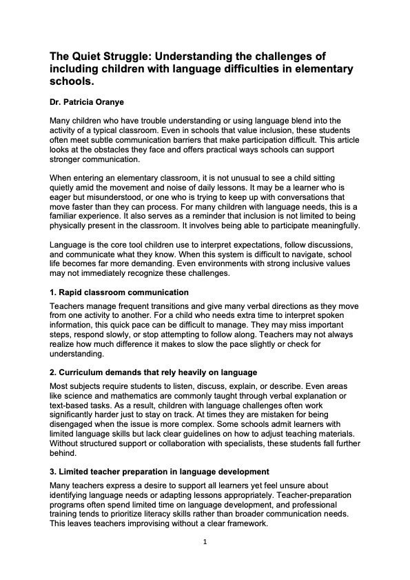 The Quiet Struggle: Understanding the challenges of including children with language difficulties in elementary schools