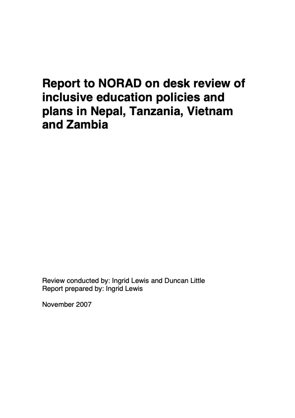 Report to Norad on Desk Review of Inclusive Education Policies and Plans in Nepal, Tanzania, Vietnam and Zambia