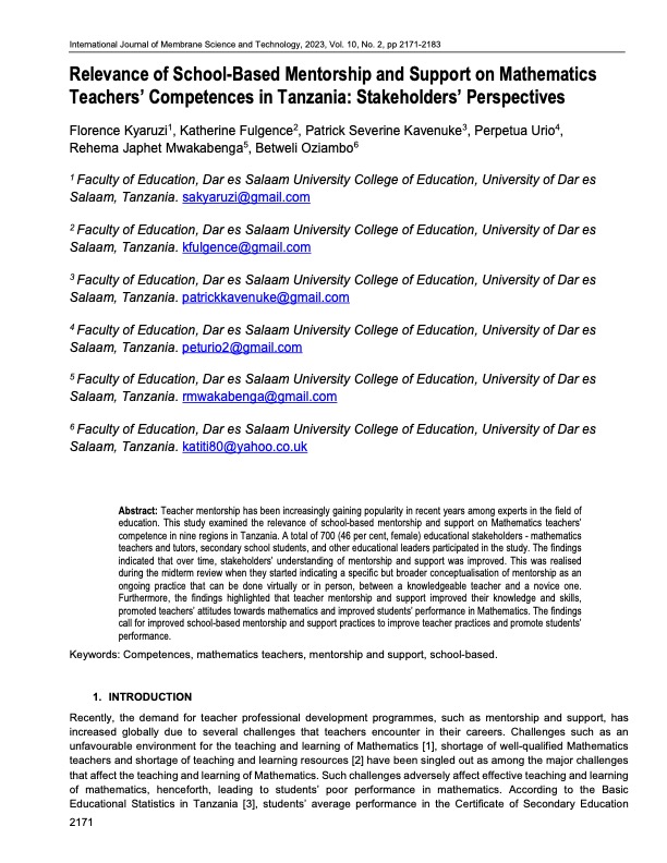 Relevance of School-Based Mentorship and Support on Mathematics Teachers’ Competences in Tanzania: Stakeholders’ Perspectives