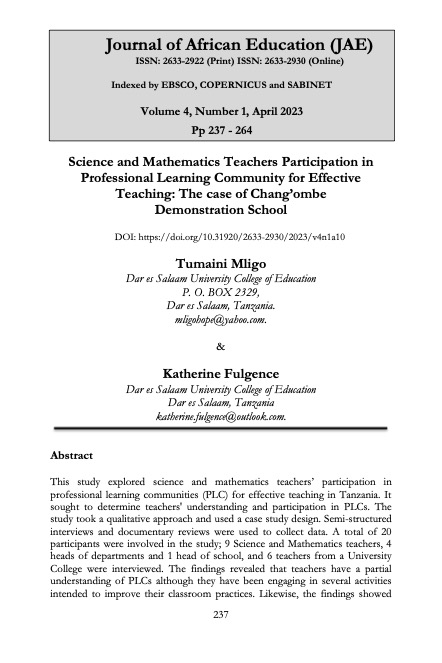 Science and Mathematics Teachers Participation in Professional Learning Community for Effective Teaching: The case of Chang'ombe  
Demonstration School