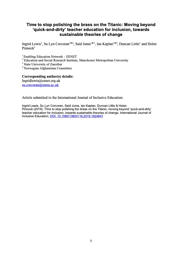 Time to stop polishing the brass on the Titanic: moving beyond ‘quick-and-dirty’ teacher education for inclusion, towards sustainable theories of change