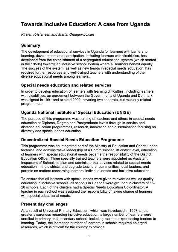 Towards Inclusive Education: A case from Uganda