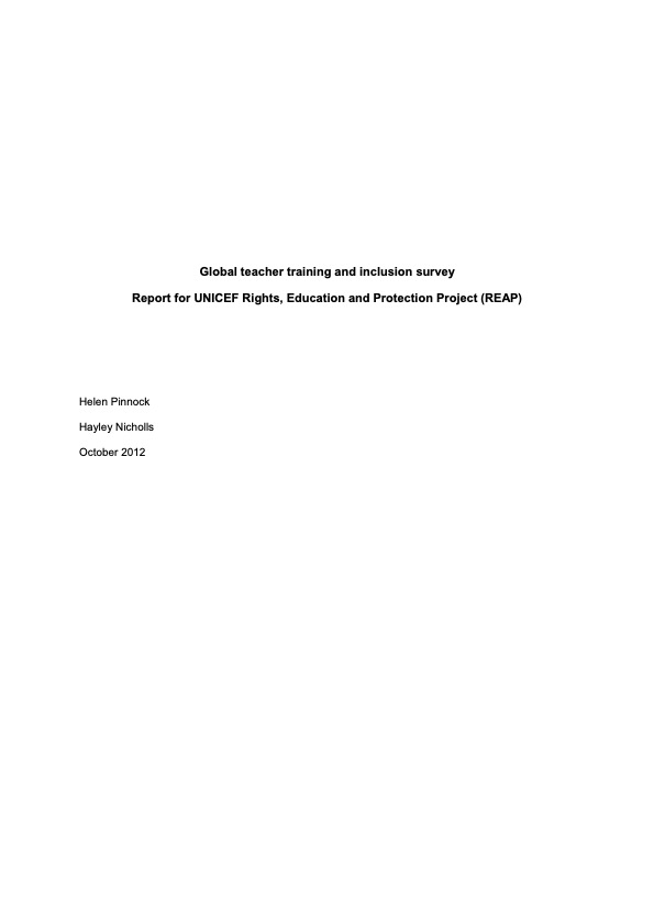 Global teacher training and inclusion survey. Report for UNICEF Rights, Education and Protection Project (REAP)