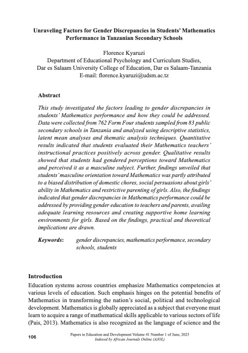 Unraveling Factors for Gender Discrepancies in Students’ Mathematics Performance in Tanzanian Secondary Schools