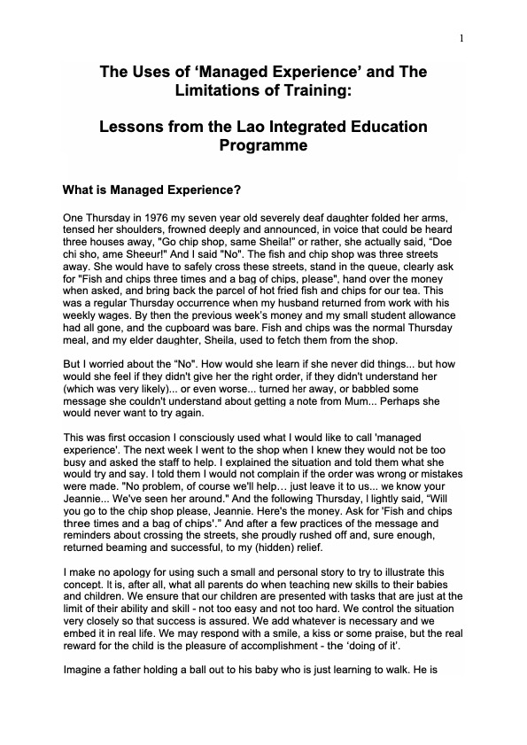 The Uses of ‘Managed Experience’ and The Limitations of Training:  Lessons from the Lao Integrated Education Programme
