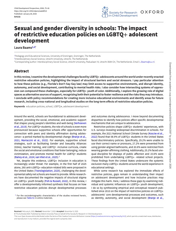 Sexual and gender diversity in schools: The impact of restrictive education policies on LGBTQ+ adolescent development, Child Develpment Perspectives 2026, 1-7