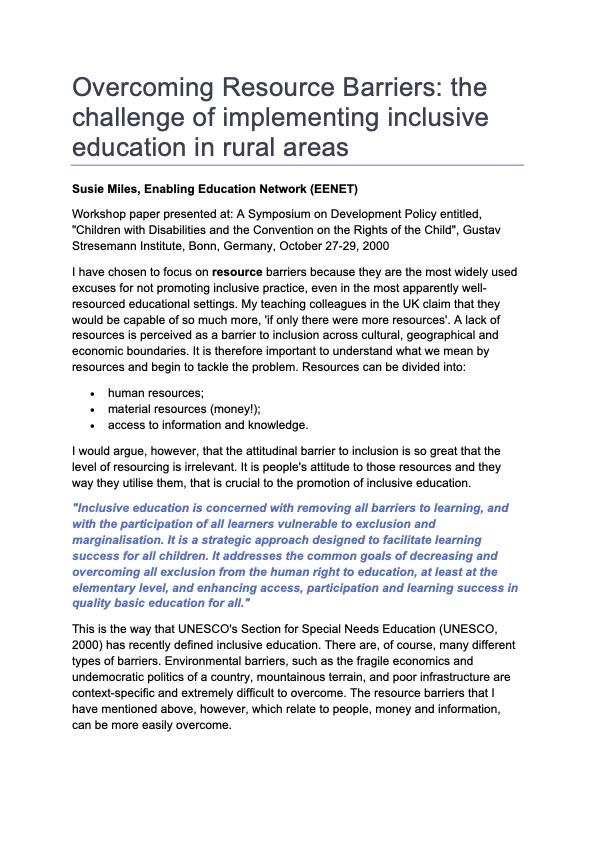 Overcoming Resource Barriers: The challenge of implementing inclusive education in rural areas