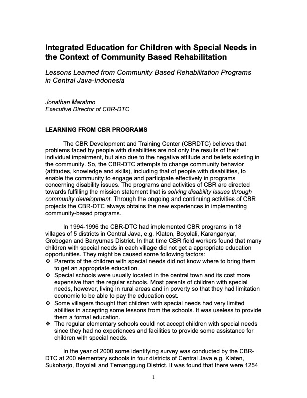 Integrated Education for Children with Special Needs in the Context of Community Based Rehabilitatio