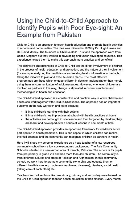 Using the Child-to-Child Approach to Identify Pupils with Poor Eye-sight: An example from Pakistan
