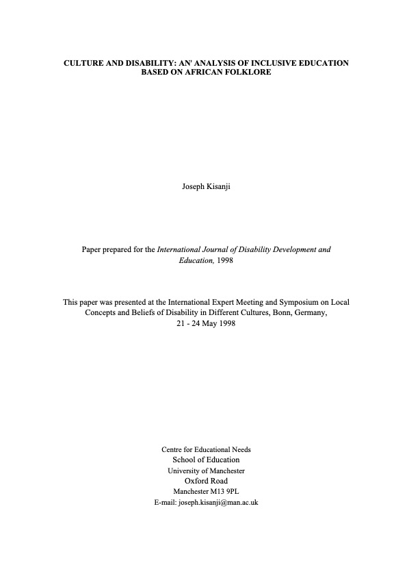 Culture and Disability: An analysis of inclusive education based on African folklore