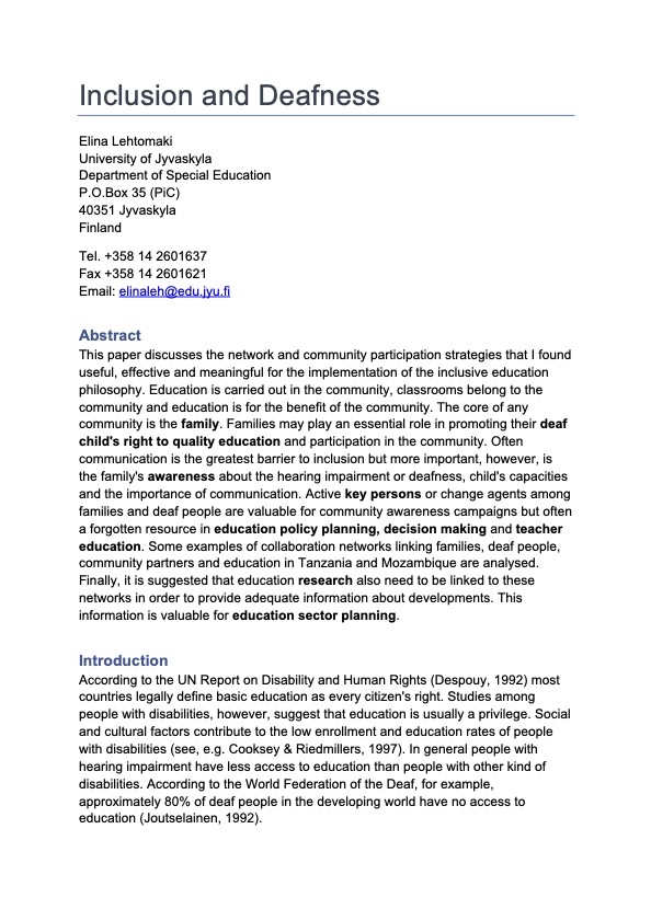 Inclusion and Deafness:
Families as essential stakeholders