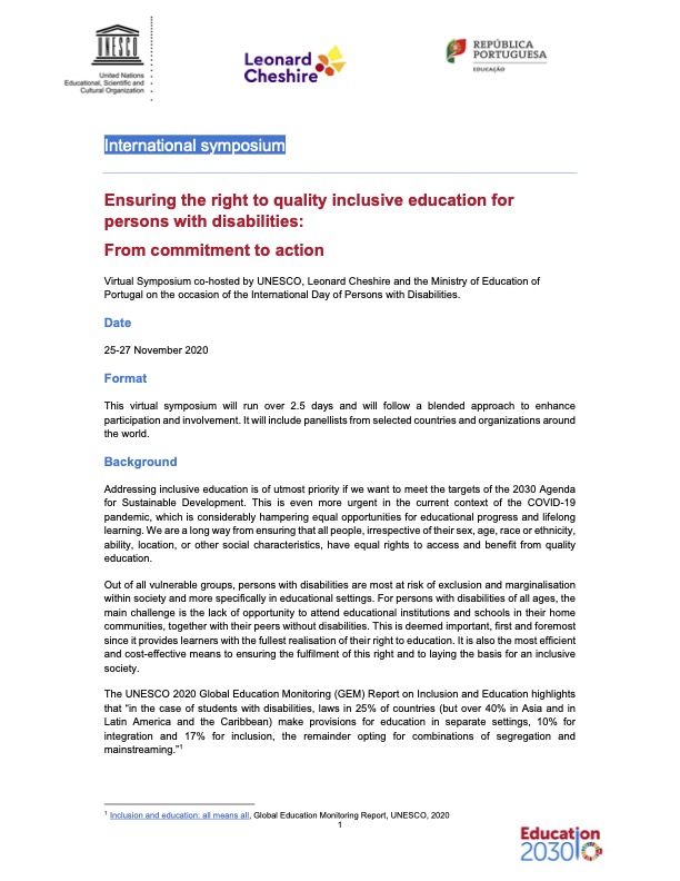 Ensuring the Right to Quality Education for Persons with Disabilities: From Commitment to Action, key highlights of the virtual International Symposium, 25-27 November 2020