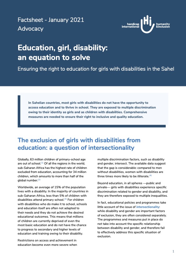 Education, girl, disability: An equation to solve. Ensuring the right to education for girls with disabilities in the Sahel