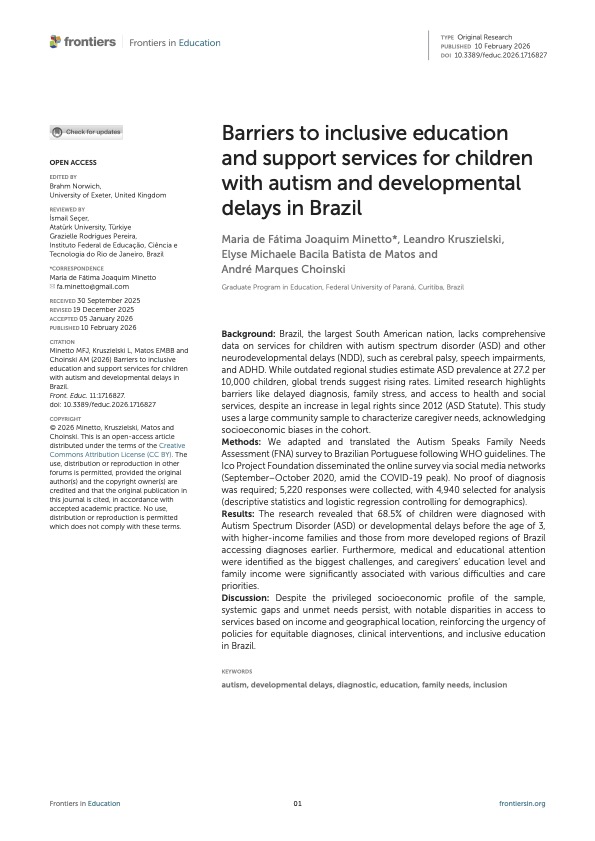 Barriers to inclusive education and support services for children with autism and developmental delays in Brazil (Frontiers in Education, Sec. Special Educational Needs, Vol11 -2026)
