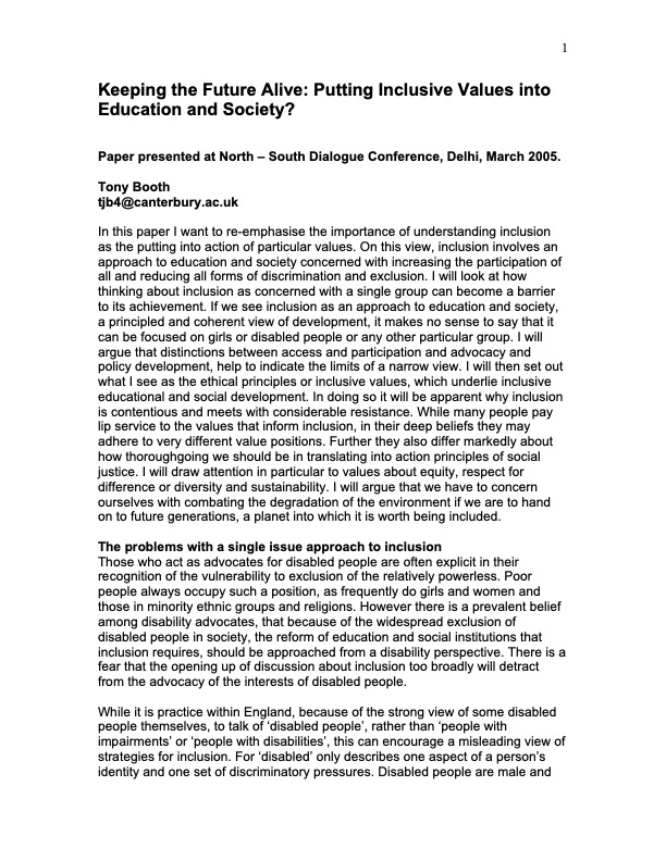 Keeping the Future Alive: Putting inclusive values into education and society?