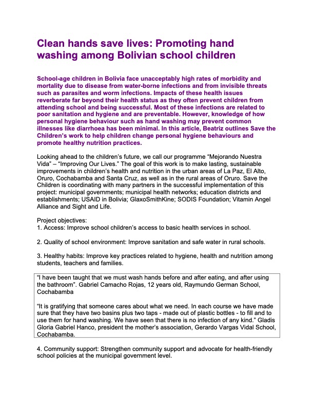 Clean hands save lives: Promoting hand washing among Bolivian school children