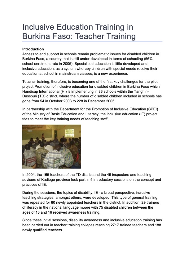 Inclusive Education in Burkina Faso: Teacher Training