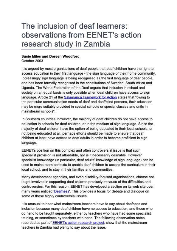 The Inclusion of Deaf Learners: Observations from EENET's action research study in Zambia