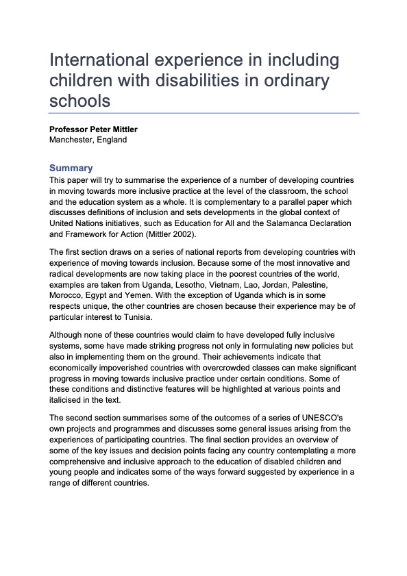 International Experience in Including Children with Disabilities in Ordinary Schools