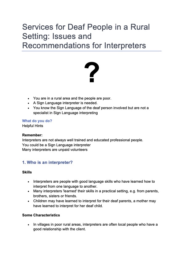 Services for Deaf People in a Rural Setting: Issues and recommendations for interpreters