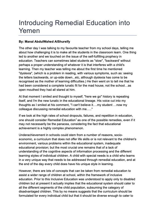 Introducing Remedial Education into Yemen