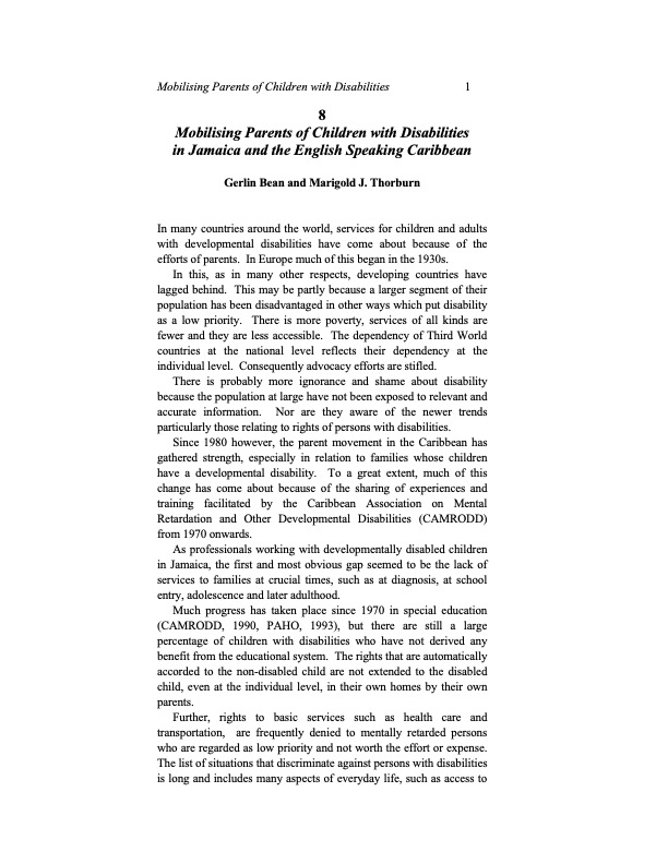 Mobilising Parents of Children with Disabilities in Jamaica and the English Speaking Caribbean