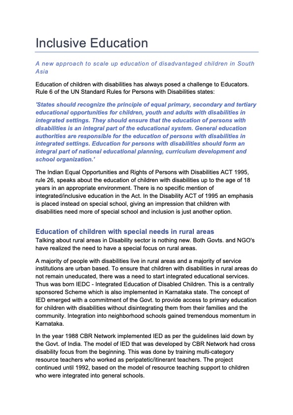 Inclusive Education: A new approach to scale up education of disadvantaged children in South Asia