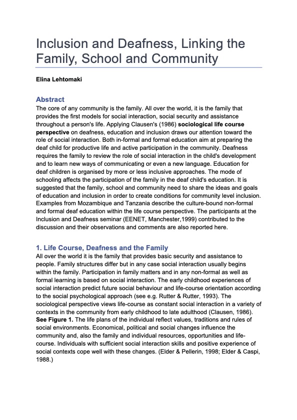 Inclusion and Deafness: Linking the Family, School and Community