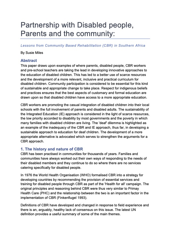 Partnership with Disabled People, Parents and the Community: Lessons from community based rehabilita